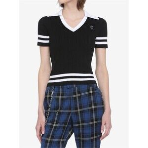 Hot Topic Black & White Coffin Crop Top Polo Women’s Size XL Shirt Grunge Punk
